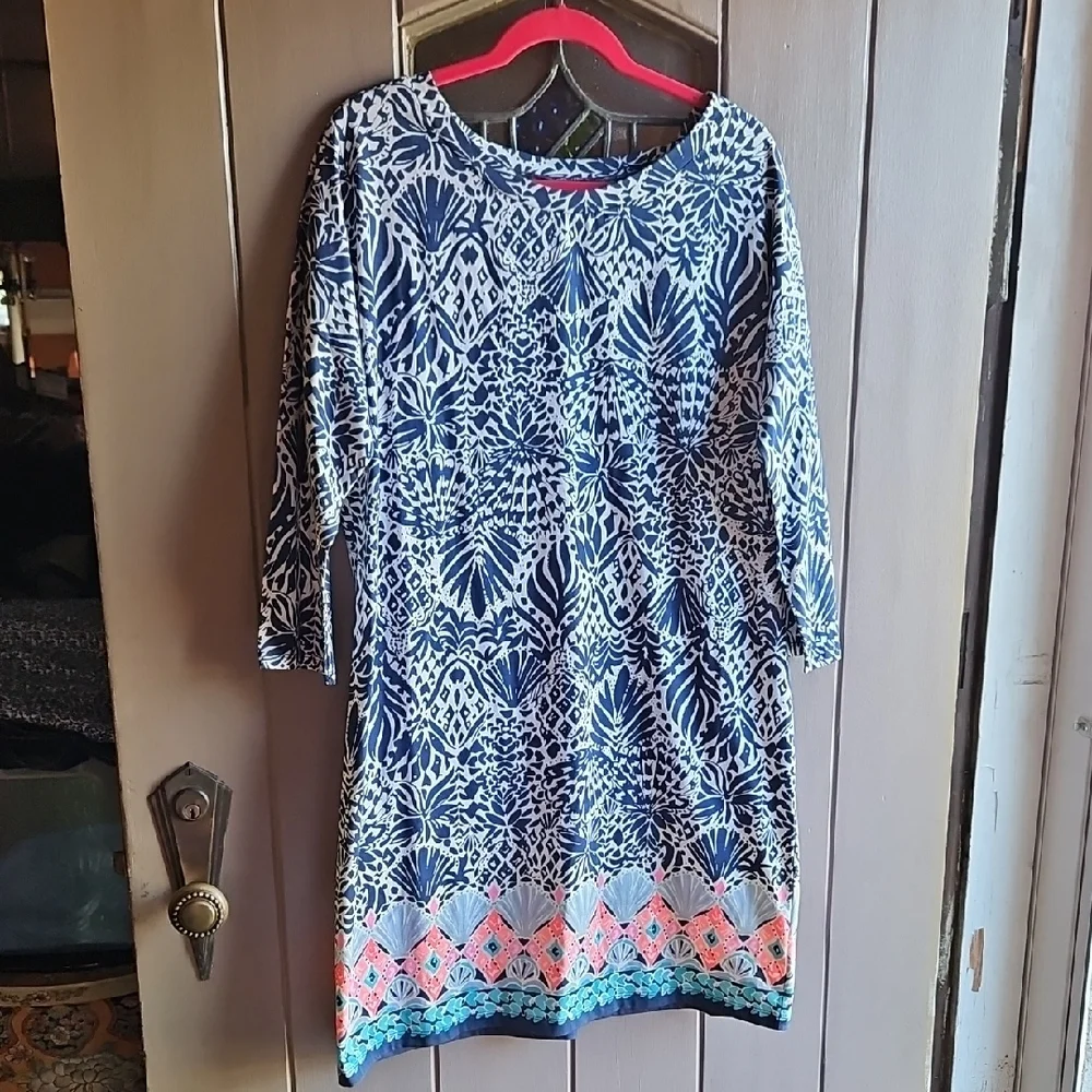 Lilly Pulitzer Navy & White Printed Shift Dress with Pink & Teal Border
